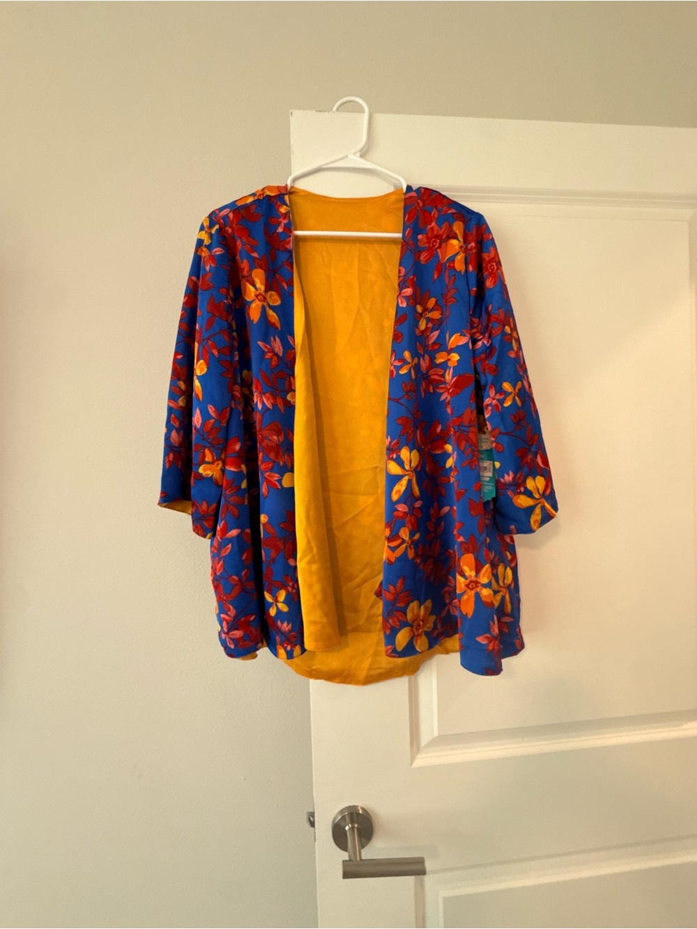 The Pioneer Woman Blue Floral Open Cardigan with Mustard Lining